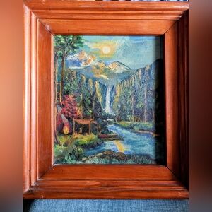 Vintage Rustic Landscape Oil Painting with Wooden Frame